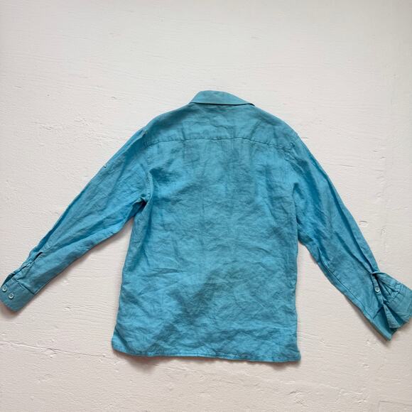 Bohio Blue Linen Button Up Pleated Embroidered Shirt, Size Medium - Picture 8 of 8